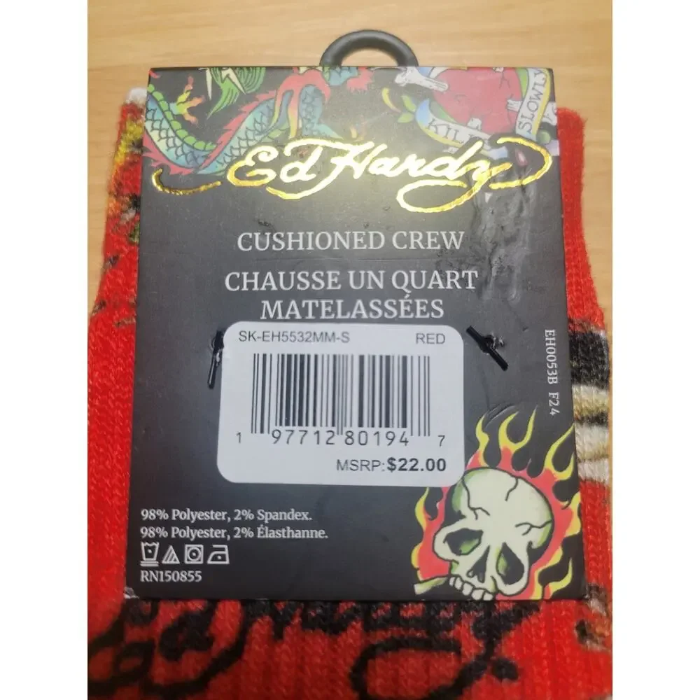 Ed Hardy 2-Pair Cushioned Crew Socks Shoe Size M 6-12, W 7.5 -13.5 Dragon